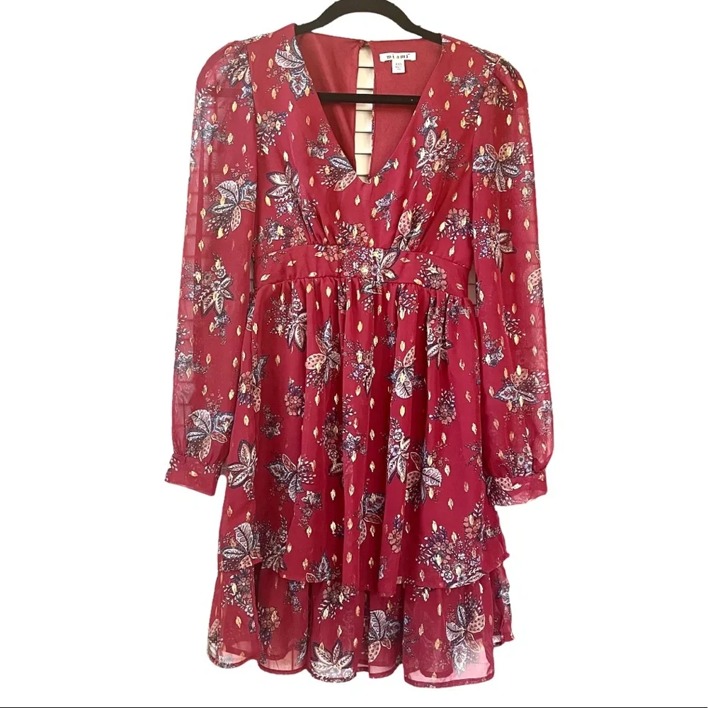 NWT! Mi Ami V-neck Balloon Long Sleeve Flowy Burgundy Mini Dress Size XXS - Picture 1 of 13
